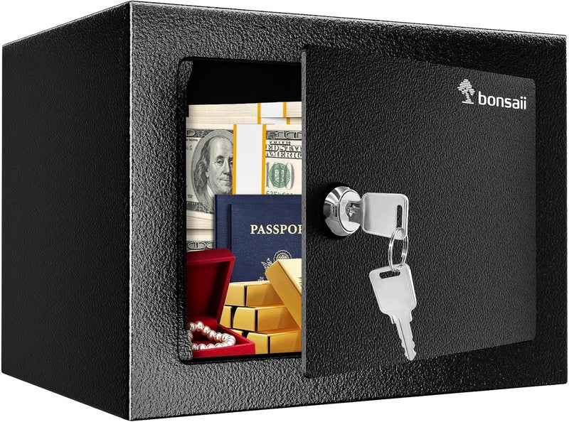bonsaii Safe Box with Key Lock, Steel Security Lock Box, 0.23 Cubic Feet, 9.06" W x 6.69" D x 6.69" H, Small Hidden Safe for Cash Jewelry - Image 1
